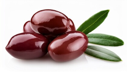 greek kalamata olives with leaves on white background
