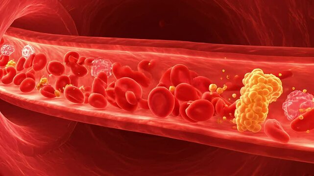 Blood Cells Flowing Through Artery with Cholesterol Deposits Animation