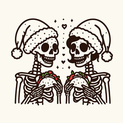 Fototapeta premium Skeleton couple wear Santa hats eat tacos a minimalist vector drawing of a spooky festive feast