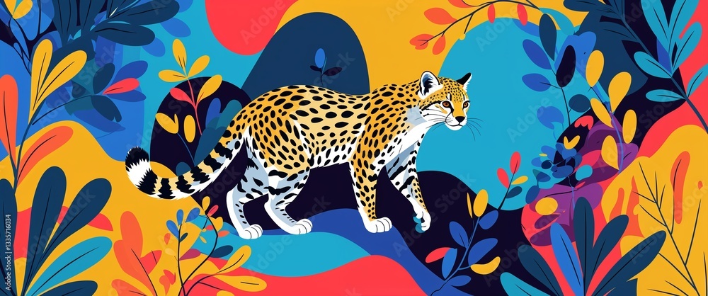 Poster ocelot pattern on colorful plain background digital abstract art work illustration design