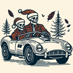 Skeleton couple wear Santa hats drive a retro sport car minimalist vector graphic towards a spooky Christmas.
