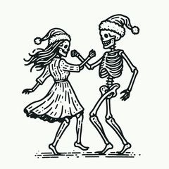 Fototapeta premium Skeleton couple wear santa hat dancing together minimalist silhouette graphic joyfully celebrates the holiday season