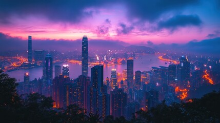 Fototapeta premium Hong Kong Skyline at Dawn: A Breathtaking Urban Panorama
