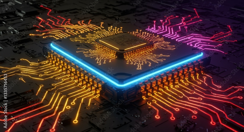 Poster illuminated central processing unit cpu on motherboard circuit board glowing neon lights technology
