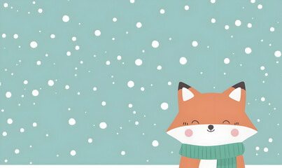 Cute Cartoon Fox in Snowy Background with Mint Green Color Palette