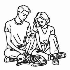 Skeleton lesbian couple taking care of a pet; a minimalist vector drawing shows their bond.