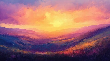 Obraz premium Painted Sunrise Over Mountains: A breathtaking, artistic representation of a sunrise over a range of mountains, featuring a vibrant palette of colors and soft brushstrokes.