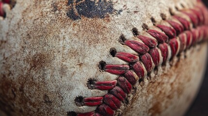 Worn Baseball: Close-up shot of a well-worn baseball with visible stitches and aged texture, conveying a sense of history and athletic dedication.