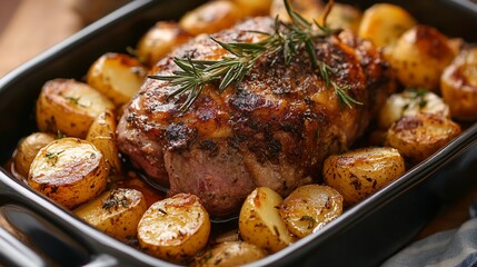 Roasted Lamb Shoulder with Golden Potatoes Ready to Serve in a Black Pan
