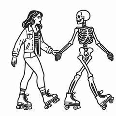 Skeleton lesbian couple play roller skate: a minimalist monochrome vector drawing of their daring nighttime adventure.