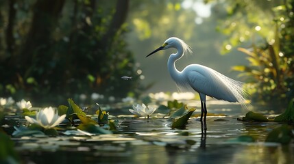 Naklejka premium Serene Snowy Egret in Lily Pad Haven: A Digital Masterpiece