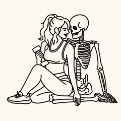 Skeleton lesbian couple exercising together minimalist silhouette drawing shows strength and love