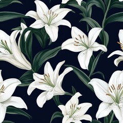 Art Seamless Pattern Moment Floral Lilies Navy --tile