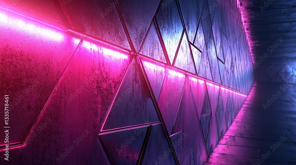 Poster geometric neon tunnel: a mesmerizing tunnel of triangular panels bathed in vibrant neon lights, offe