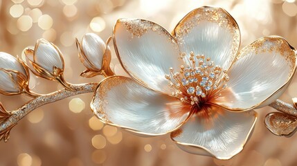 White flower with gold accents. Bokeh background