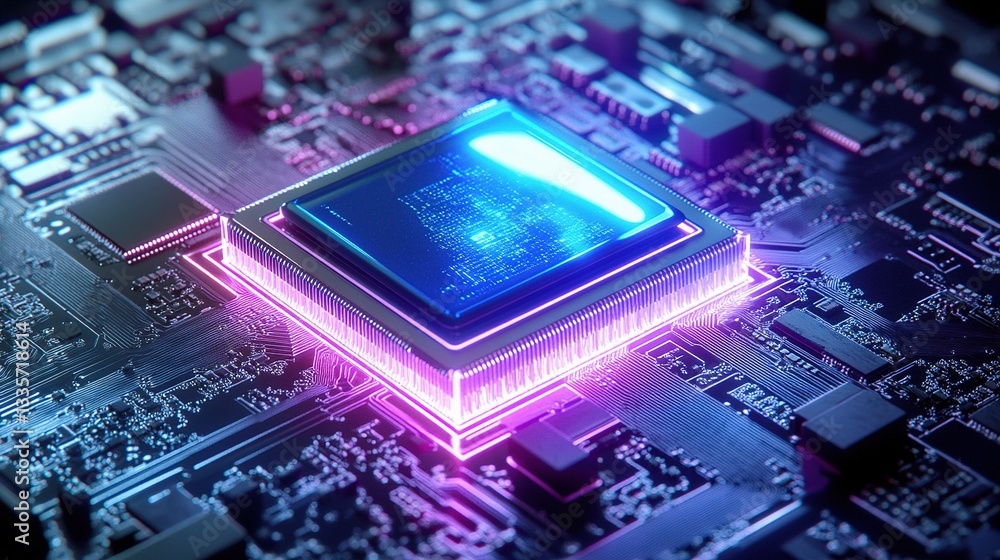 Poster the brain of technology: a close-up, neon-lit image showcases a computer processor, the central hub 