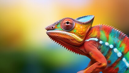Obraz premium colorful chameleon on blurred background n vibrant banner or header design with a multicolored chameleon and soft gradient backdrop