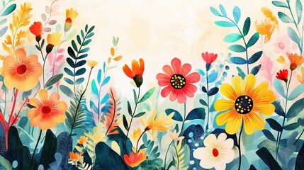 Obraz premium Floral Fantasy: A vibrant watercolor illustration bursts with a colorful array of flowers, leaves and foliage, conveying a sense of springtime joy and natural beauty.