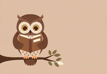 Naklejka premium Cute Owl Reading a Book on a Branch