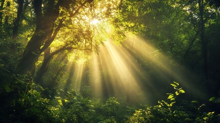 Obraz premium Sunlit Forest Canopy: A lush, sun-dappled forest interior, with sunlight streaming through the dense canopy. This captures a sense of serenity and natural beauty.