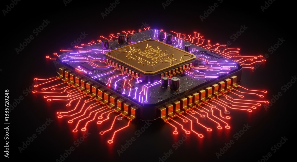Poster closeup view of a futuristic microchip with glowing neon circuitry advanced technology digital world