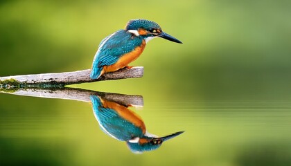 common kingfisher perched on a branch with reflection showing in pond below and a green background