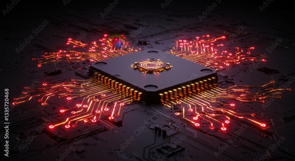 Poster illuminated microchip with radiant circuits on a dark backdrop showcasing technology and innovation