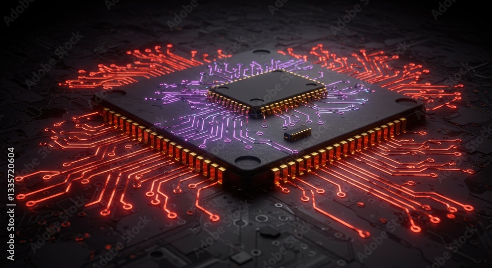 Poster stunning visual representation of advanced technology with a microchip and light trails