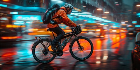 Cyclist in rain navigating a busy city street at night, wearing a helmet and backpack