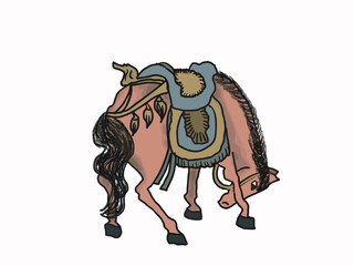 Illustration of a horse with a saddle facing backwards