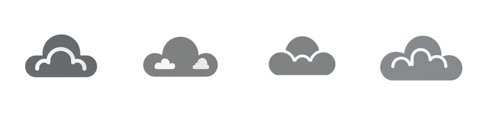 Four cloud icons, gray and white isolated on white or transparent