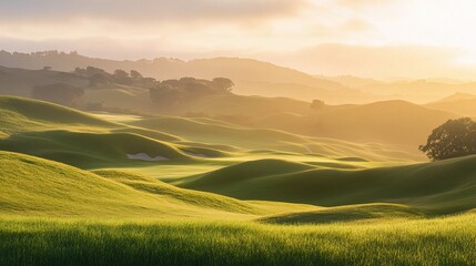 Golden Hour on Rolling Hills: Capturing the serene beauty of nature, this photograph depicts rolling green hills bathed in the warm glow of the golden hour.