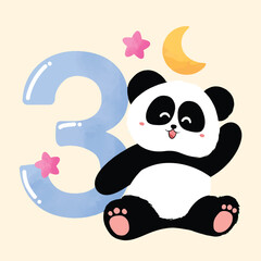 Panda cute drawing with number three hand drawn illustration