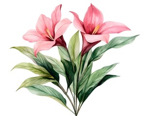 Watercolor Painting of Pink Flowers and Green Leaves
