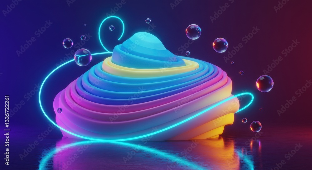 Poster a stunning display of colorful abstract swirls with neon lights and bubbles in a surreal composition