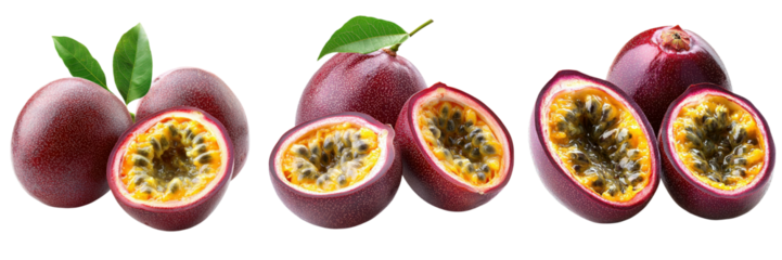 Fresh passion fruits arranged, showcasing both whole and sliced varieties, revealing their vibrant, juicy interior.