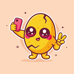 happy egg character mascot taking a selfie with a smartphone isolated cartoon 