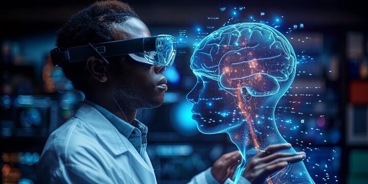 Scientist using virtual reality to study a 3D holographic brain model in a futuristic laboratory