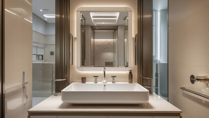 Sophisticated wash basin in hotel or luxury apartment bathroom offering modern design with sleek lines and premium craftsmanship Modern Interior Design Inspiration