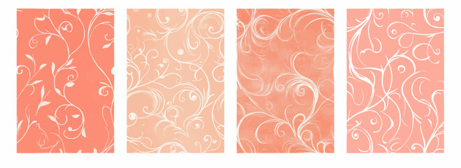 Vector pattern set of thin elegant white swirls on a pale dusky coral background