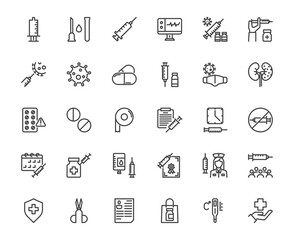 Vector icon set of doctor syringe and related things, hospital medical and nurse pill concept ,48x48 pixel perfect editable stroke line for website, mobile app, ux, ui design transparent background