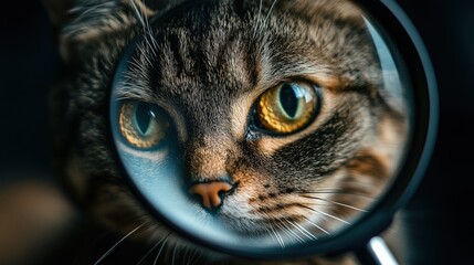 Close up Portrait of a Tabby Cat s Face Seen Through a Magnifying Glass