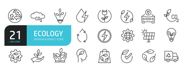 Set of line icons related to ecology, environmental, renewable energy, sustainbility. Outline icons collection. Editable stroke. Vector illustration