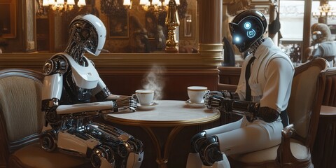 Futuristic humanoid robots enjoy coffee at a vintage café while a human waiter serves them. A surreal meeting of AI and classic hospitality.