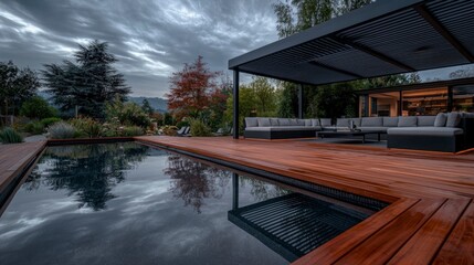 Fototapeta premium Luxury Outdoor Poolside Design Teak Deck Pergola Evening Tranquility