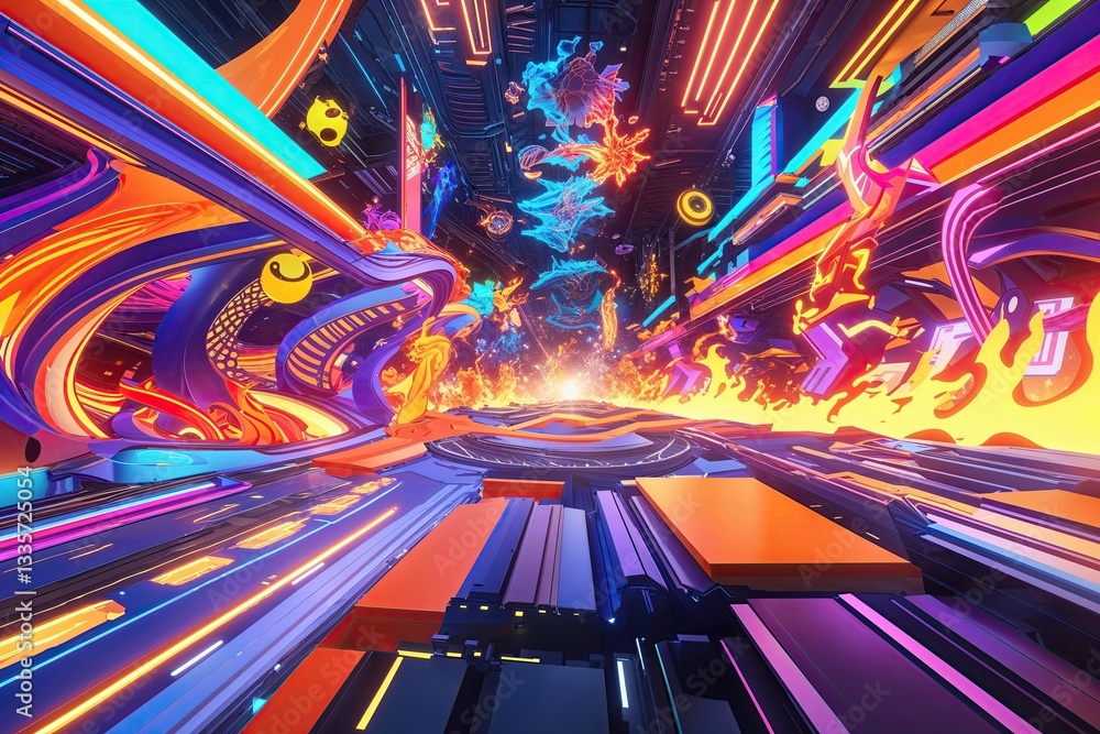 Poster vibrant 3d anime background with dynamic patterns and lively motion effects