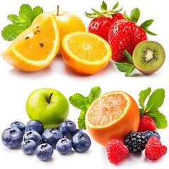 Naklejka premium Fresh Assortment of Juicy Fruits with Colorful Berries and Greens