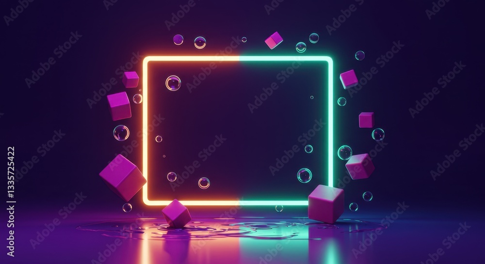 Poster vibrant neon frame with floating cubes and bubbles in a surreal digital space