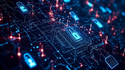 Fototapeta premium Abstract cyber security lock graphic on circuit board background concept