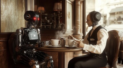 Futuristic humanoid robots enjoy coffee at a vintage café while a human waiter serves them. A surreal meeting of AI and classic hospitality.
